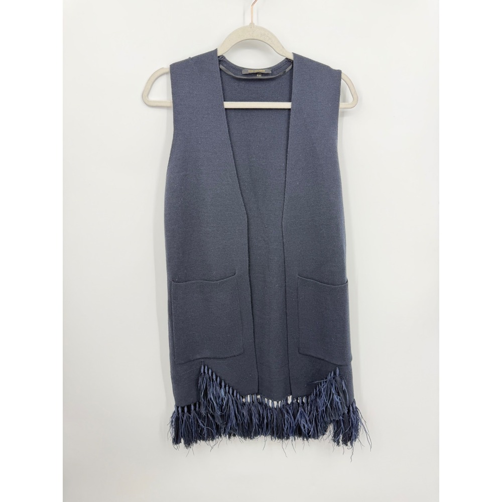 Kobi Halperin Ostrich Feather Trim Knit Vest Women XS Navy Blue‎ Wool Blend